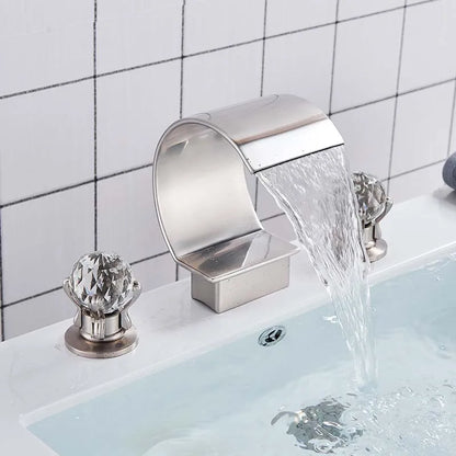 Bright Golden Waterfall Basin Faucet Dual Cristal Handle Widespread Bathroom Sink< Bathtub