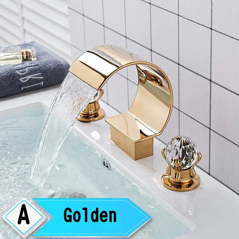 Bright Golden Waterfall Basin Faucet Dual Cristal Handle Widespread Bathroom Sink< Bathtub