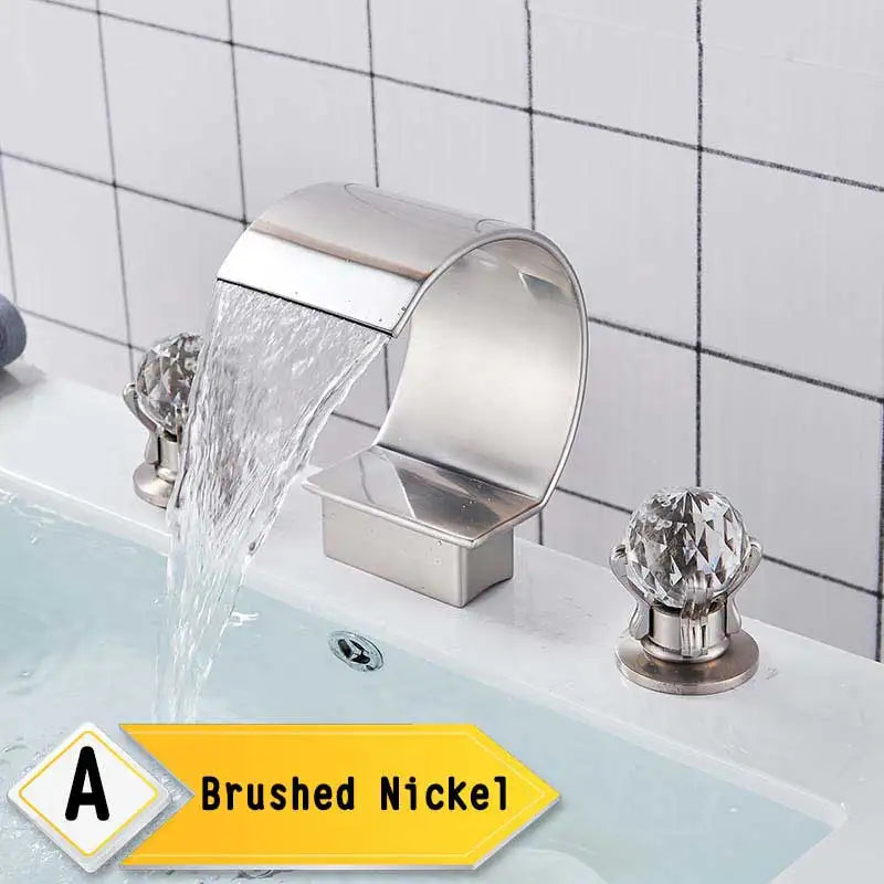 Bright Golden Waterfall Basin Faucet Dual Cristal Handle Widespread Bathroom Sink< Bathtub