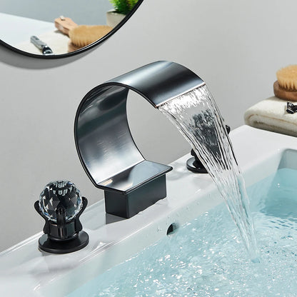 Bright Golden Waterfall Basin Faucet Dual Cristal Handle Widespread Bathroom Sink< Bathtub