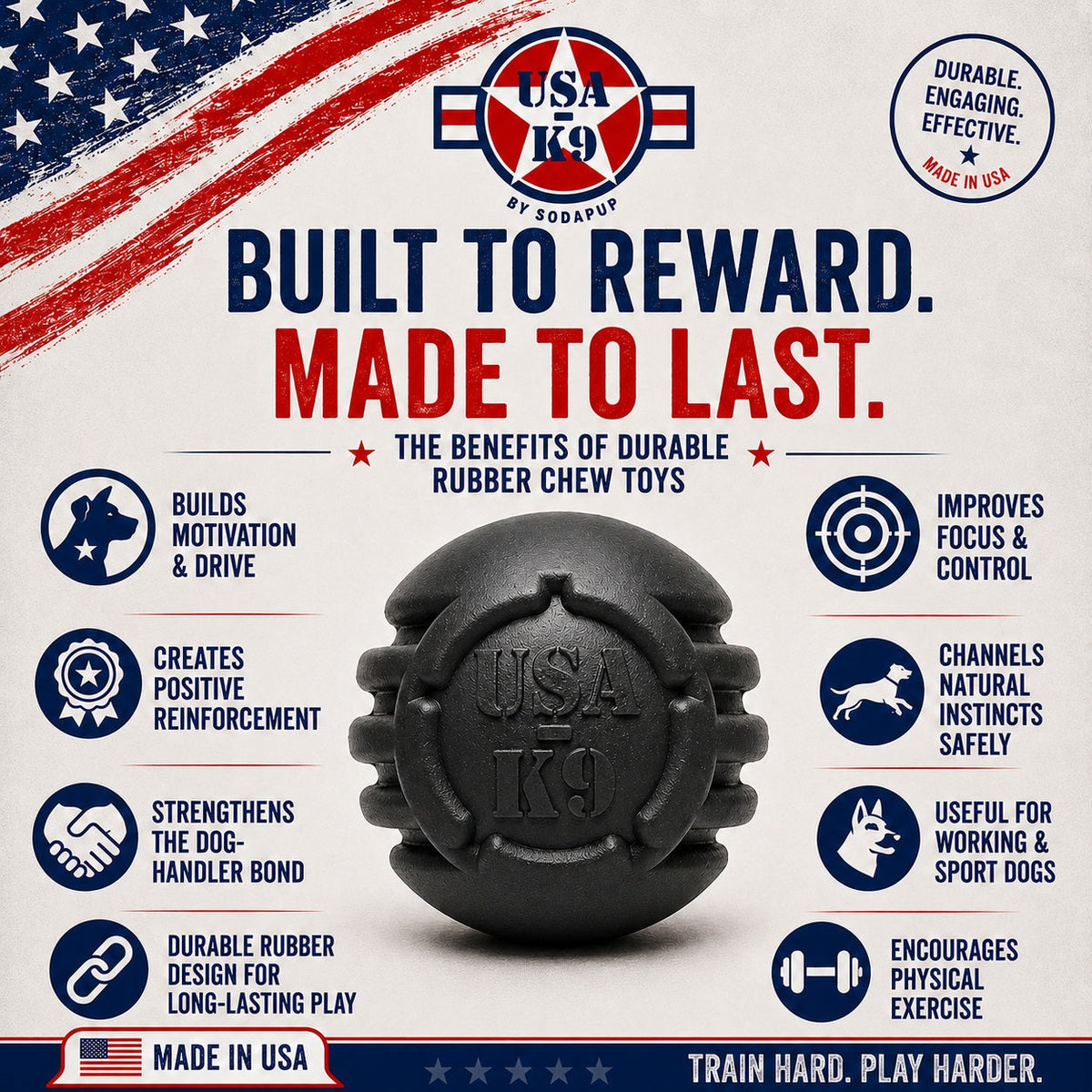 USA-K9 Stars and Stripes Rubber Dog Toy | K9 Handler Reward Toy | Black | USA Made