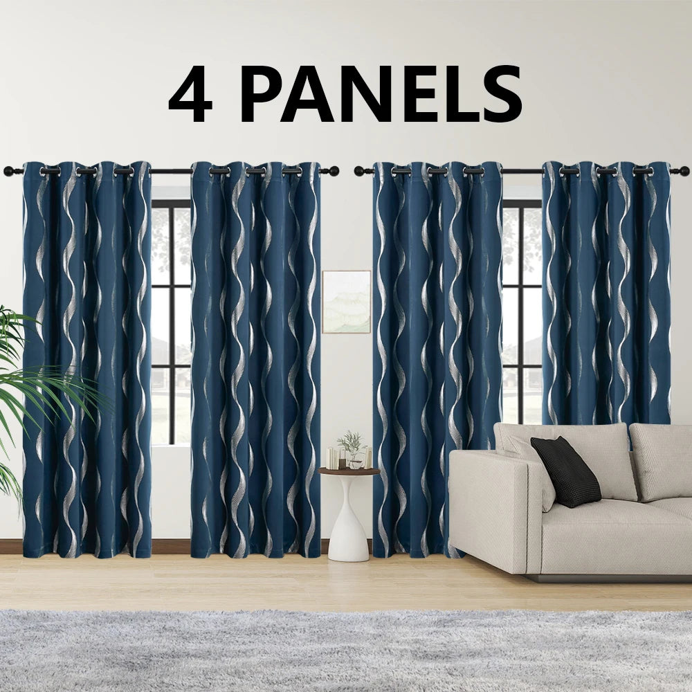 4PCS Blackout Curtains Grommet Thermal Insulated Room Darkening With Wave Foil Printed For Bedroom/Livingroom