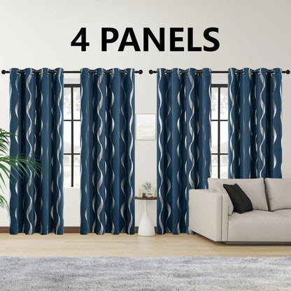 4PCS Blackout Curtains Grommet Thermal Insulated Room Darkening With Wave Foil Printed For Bedroom/Livingroom