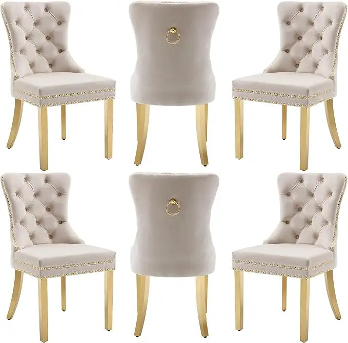 Velvet Dining Chairs Set of 6, Dining Room Chairs with Wood Legs and Pull Ring, Luxury Side Chair