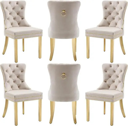 Velvet Dining Chairs Set of 6, Dining Room Chairs with Wood Legs and Pull Ring, Luxury Side Chair
