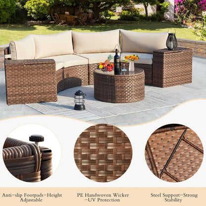 7pc Half-Moon Curved Wicker Patio Sectional Sofa Set with Storage & Glass Table