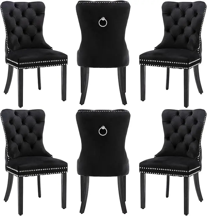 Velvet Dining Chairs Set of 6, Dining Room Chairs with Wood Legs and Pull Ring, Luxury Side Chair