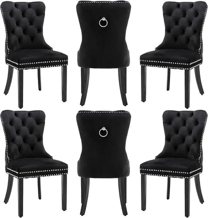 Velvet Dining Chairs Set of 6, Dining Room Chairs with Wood Legs and Pull Ring, Luxury Side Chair