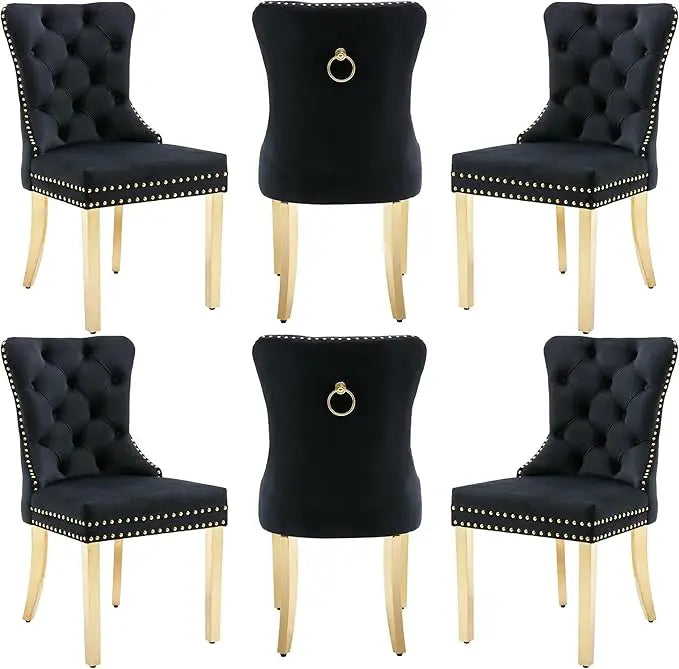 Velvet Dining Chairs Set of 6, Dining Room Chairs with Wood Legs and Pull Ring, Luxury Side Chair