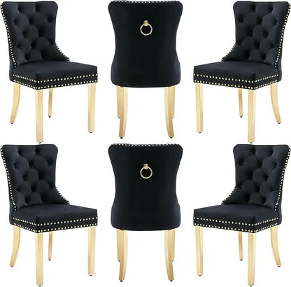 Velvet Dining Chairs Set of 6, Dining Room Chairs with Wood Legs and Pull Ring, Luxury Side Chair