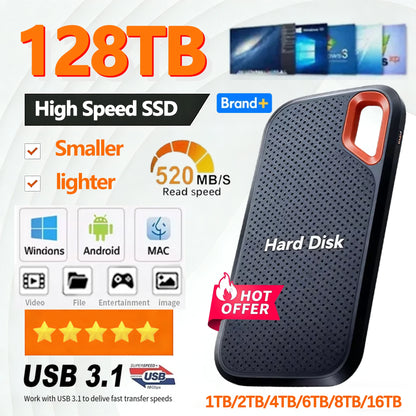 SSD 128TB High Speed External Hard Drive 1TB Hard Disk 2TB 4TB USB 3.1 Storage Device for Laptop/PC/Phone