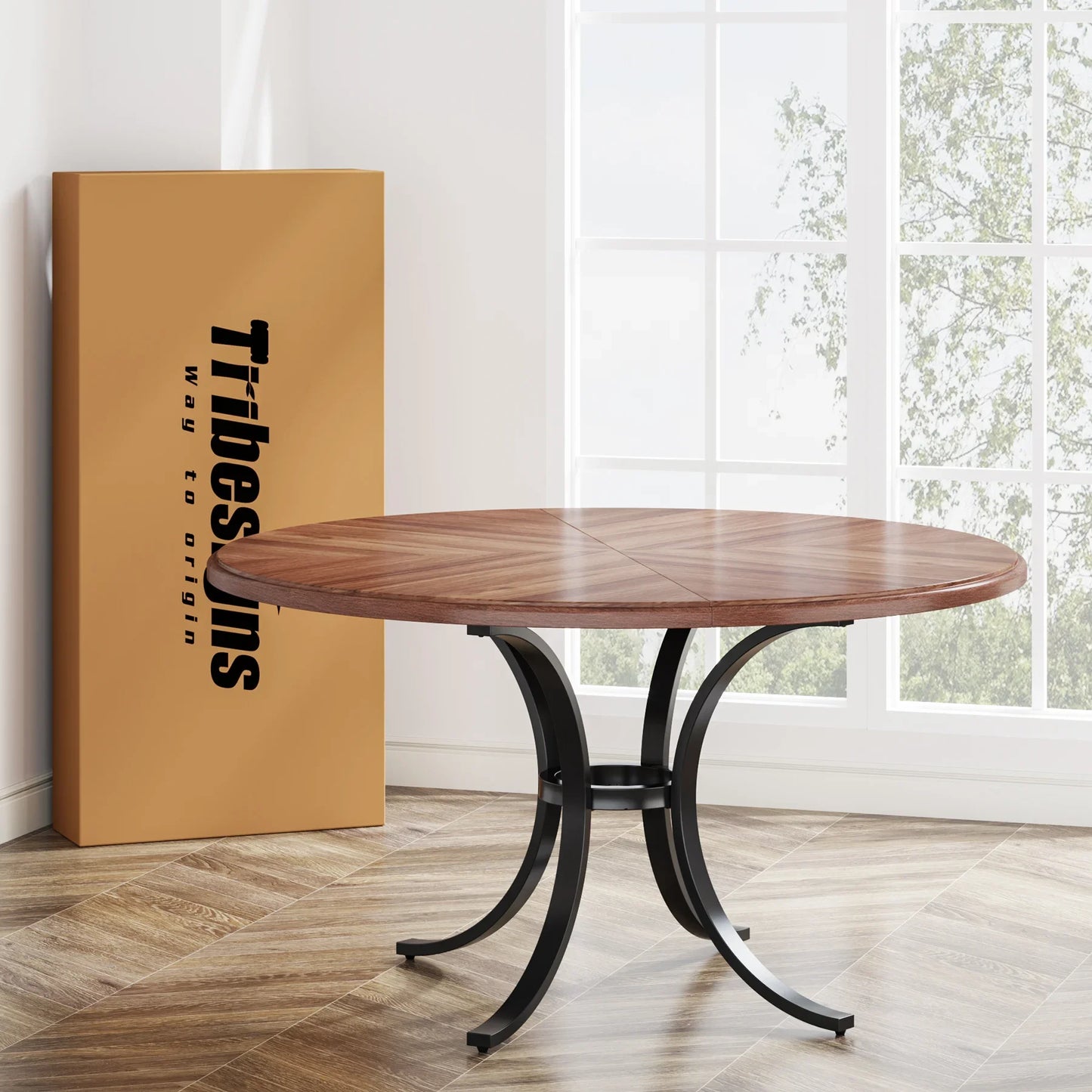 47" Round Dining Table for 4 People, Farmhouse Kitchen Table with Wooden Texture Surface & Pedestal Base, Round Table