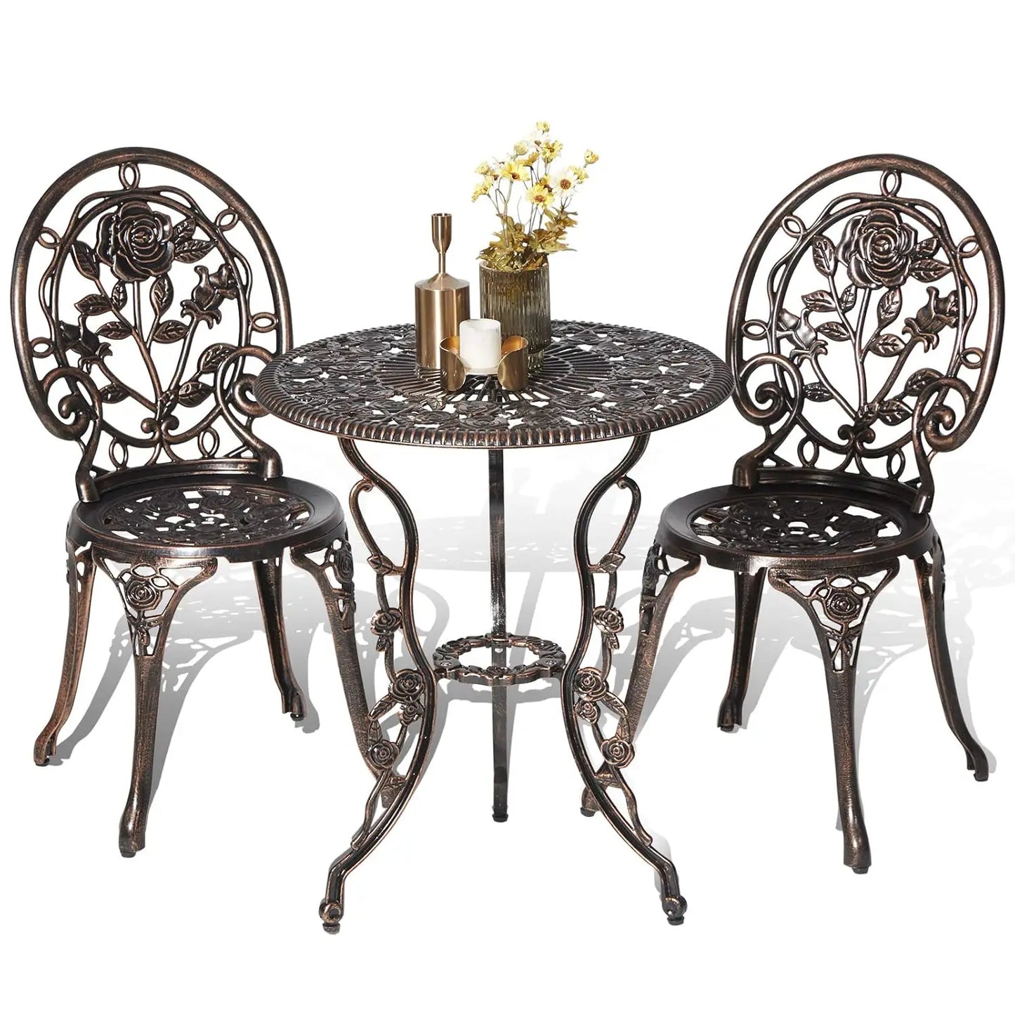 Bistro Table and Chairs Set of 2 Outdoor 3 Piece Patio Set, Rose Pattern Cast Aluminum Bistro for Garden Balcony,,
