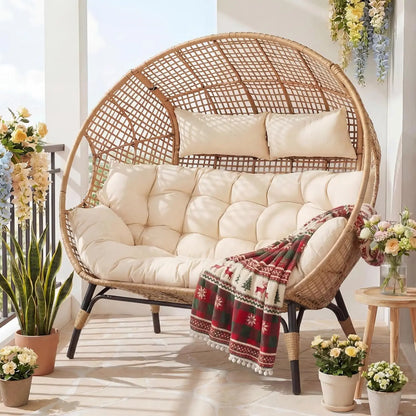 Oversized Double Egg Loveseat 680lb Wicker Rattan Cushioned Patio Balcony Garden Indoor Customized