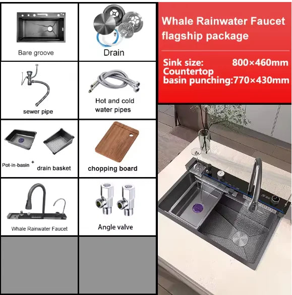 Digital fly rain waterfall sink embossed stainless steel large single sink kitchen black washbasin