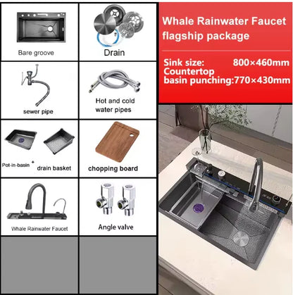 Digital fly rain waterfall sink embossed stainless steel large single sink kitchen black washbasin