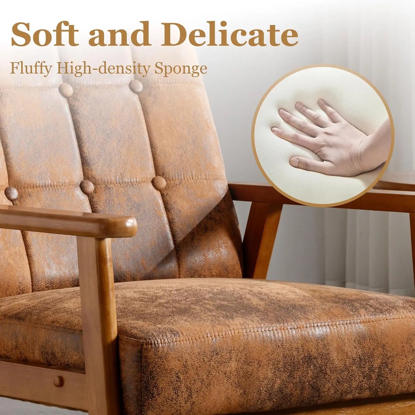 PU Leather Accent Chair Set of 2, Mid-Century Modern Armchair with Solid Wood Armrests