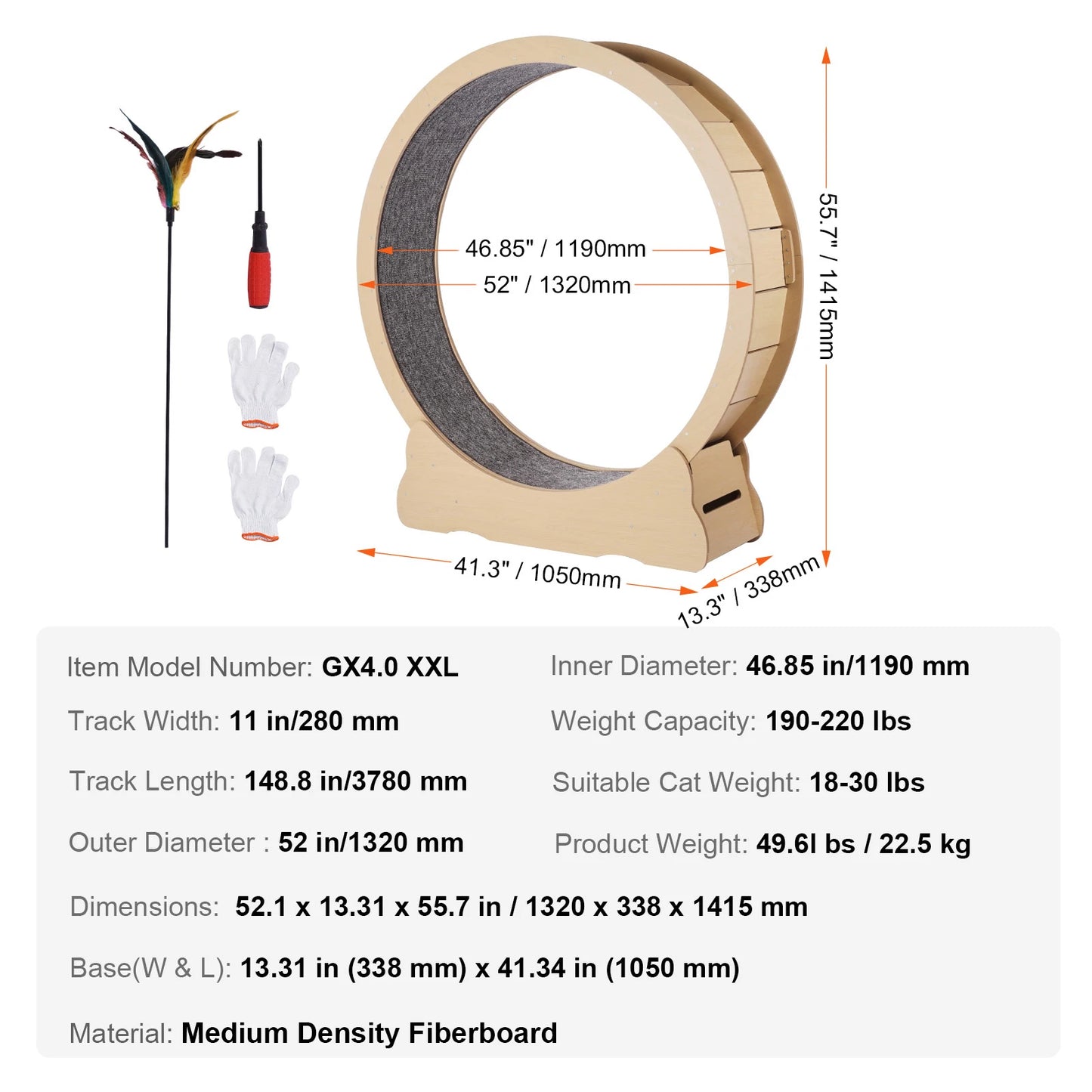 Wooden Cat Exercise Wheel Large Cat Treadmill Wheel for Indoor Cat with Detachable Carpet& Cat Teaser