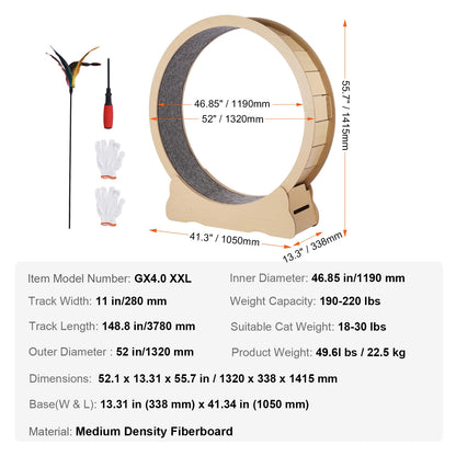 Wooden Cat Exercise Wheel Large Cat Treadmill Wheel for Indoor Cat with Detachable Carpet& Cat Teaser