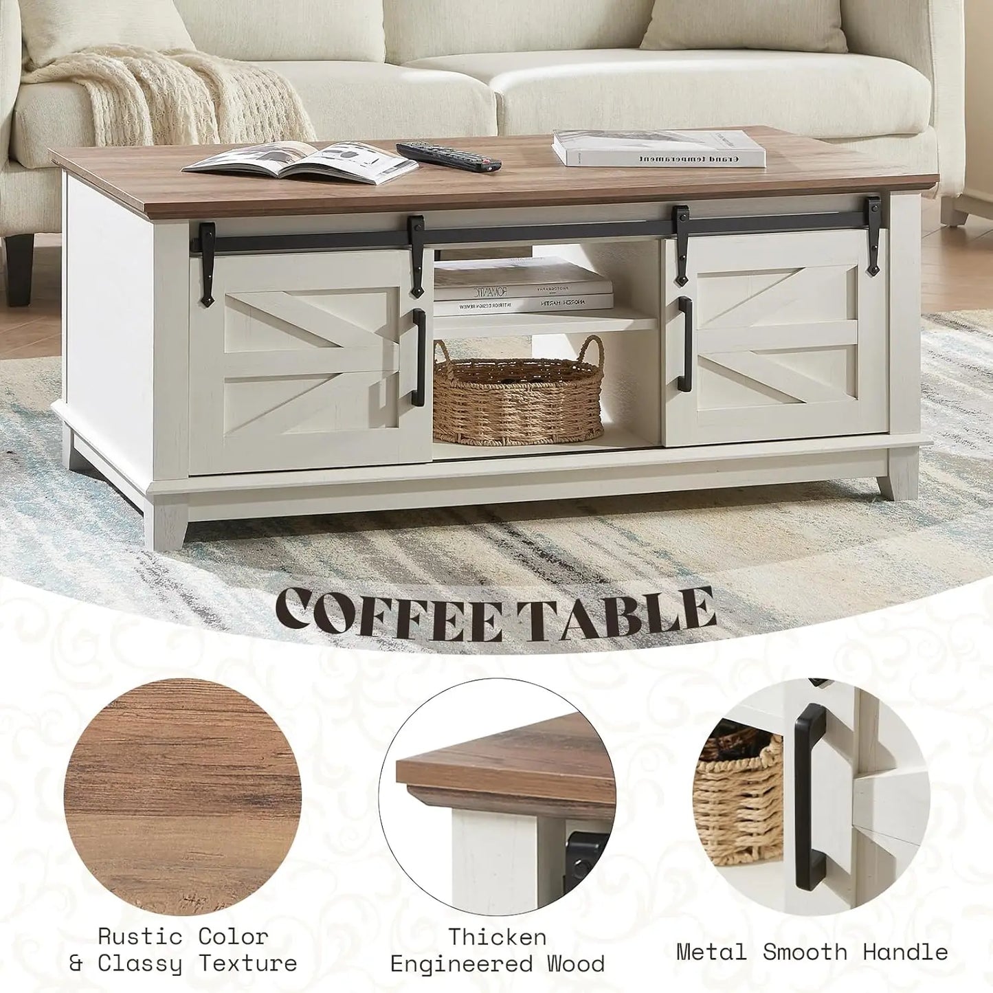 3-Piece Farmhouse Living Room Table Set - Coffee Table with Sliding Barn Doors & End Table Set of 2 with Charging Station