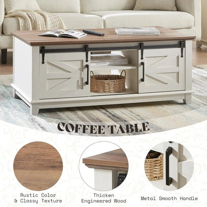 3-Piece Farmhouse Living Room Table Set - Coffee Table with Sliding Barn Doors & End Table Set of 2 with Charging Station