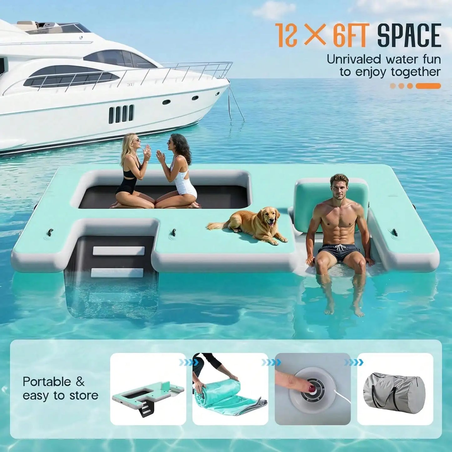 Non Slip Inflatable Air Dock Platform, Floating Island Raft With Rope Ladder, 6FT 7FT 8FT 10FT 12FT