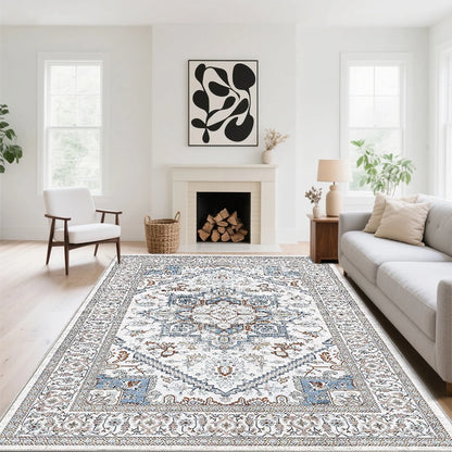 8x10 Area Rugs for Living Room: Washable Rug Stain Resistant Distressed Vintage Floral Rug Non Slip Low Pile Faux Wool Soft rugs
