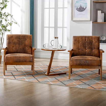 PU Leather Accent Chair Set of 2, Mid-Century Modern Armchair with Solid Wood Armrests