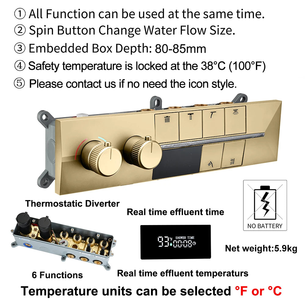 M Boen Brushed Gold Couple Shower System Smart Temperature Display Thermostatic Mixer