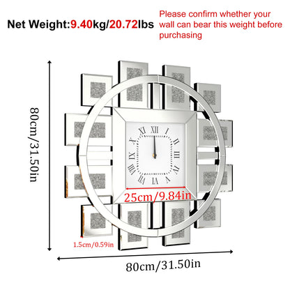 Crush Diamond Mirrored Wall Clock Sparkle Bling Quartz Clock Roman Numerals for Living Room
