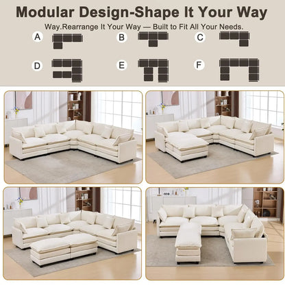 111.4" V-Shaped Corner Couch Sectional｜5 Seat Customizable Modular Cloud Couches with Chenille Deep Seat Sofa Set