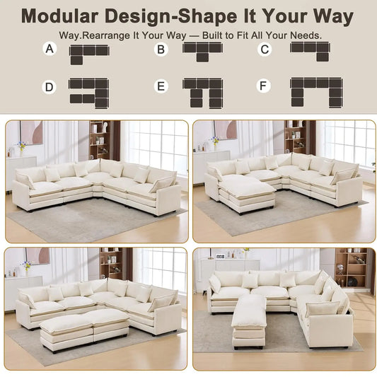 111.4" V-Shaped Corner Couch Sectional｜5 Seat Customizable Modular Cloud Couches with Chenille Deep Seat Sofa Set