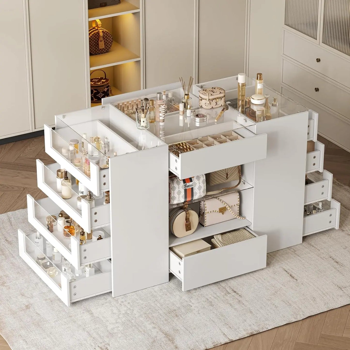 White Wardrobe Armoire with Glass Top and 12 Drawers for Bedroom Walk-in Closet