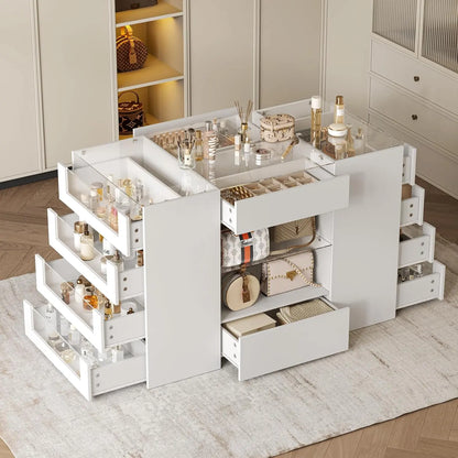 White Wardrobe Armoire with Glass Top and 12 Drawers for Bedroom Walk-in Closet