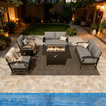 Aluminum Patio Furniture Set with Fire Pit Table, Metal Patio Furniture with 2 Swivel Rocking Chairs