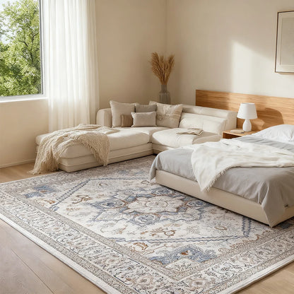 8x10 Area Rugs for Living Room: Washable Rug Stain Resistant Distressed Vintage Floral Rug Non Slip Low Pile Faux Wool Soft rugs