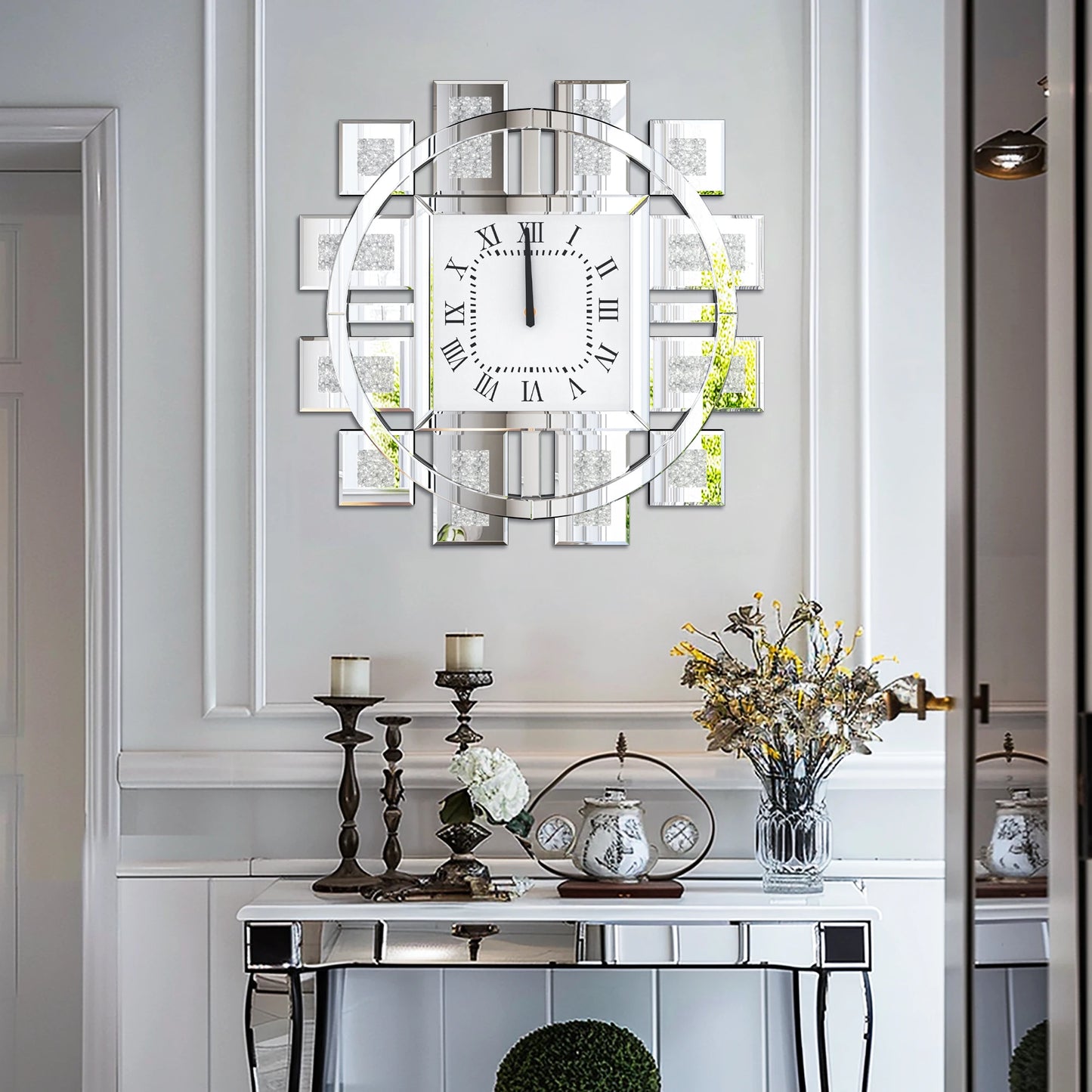 Crush Diamond Mirrored Wall Clock Sparkle Bling Quartz Clock Roman Numerals for Living Room