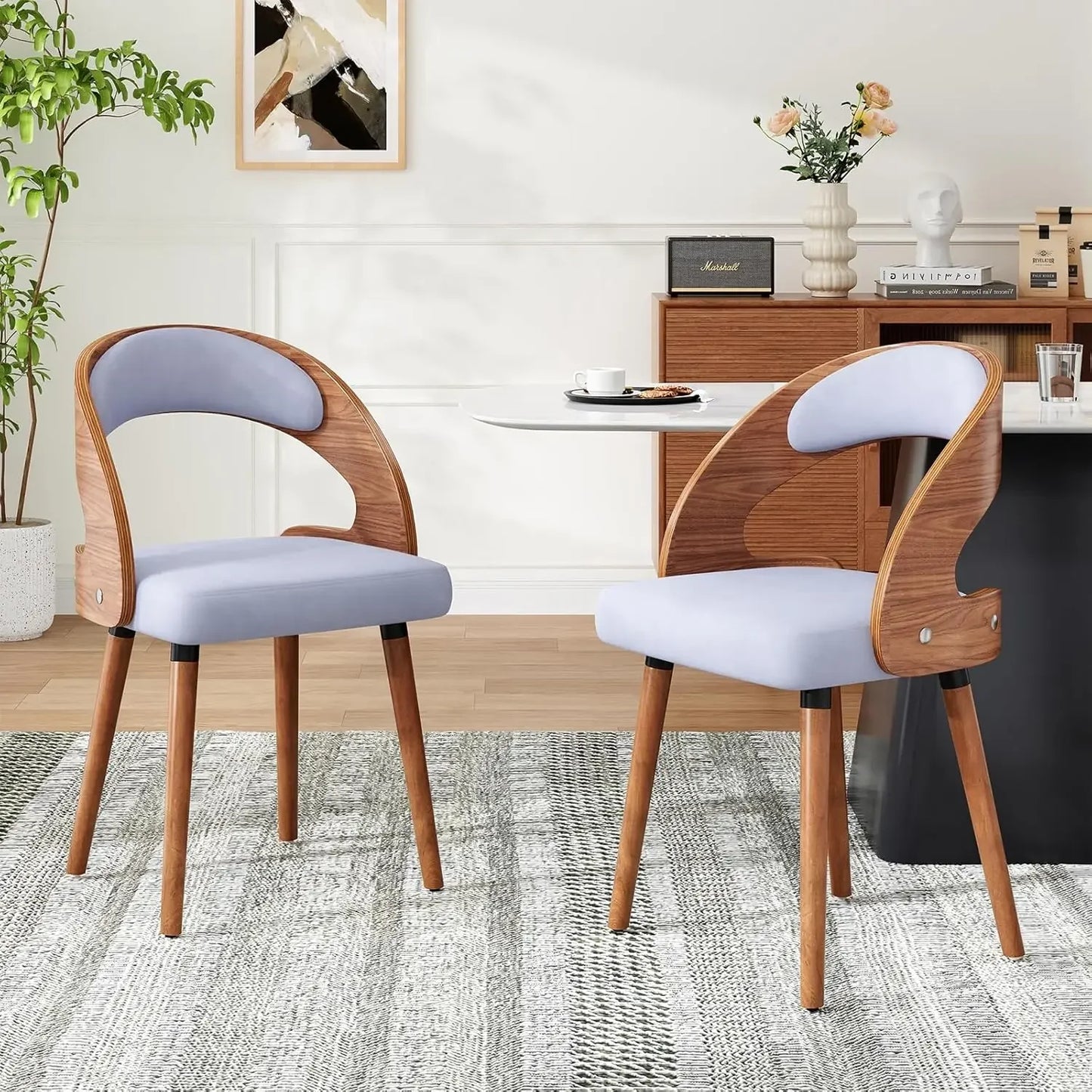 Modern Wood Dining Chairs Set of 4 Upholstered with Curved Backrest for Kitchen Dining Room Living Room