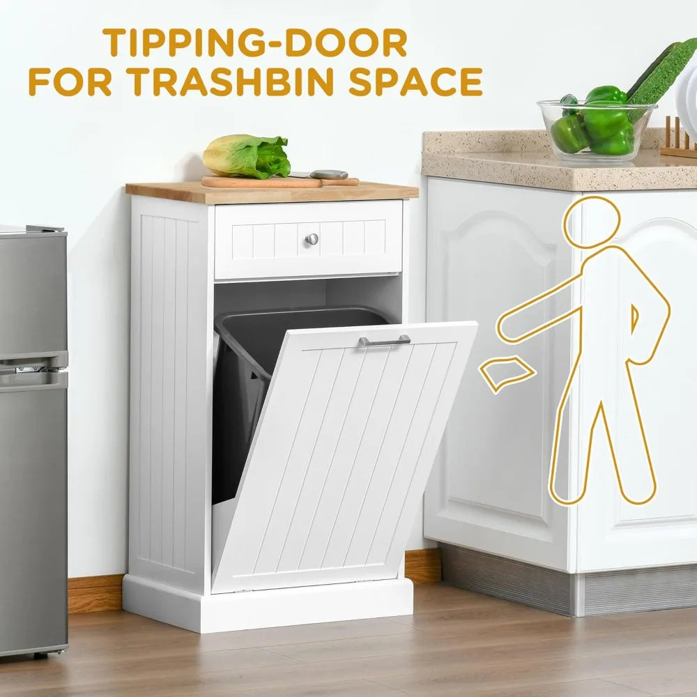 Kitchen Tilt Out Trash Bin Cabinet Free Standing Recycling Cabinet Trash Can Holder with Drawer