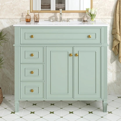 36" Free Standing Bathroom Vanity with Sink, Tip-Out Drawer & 3 Drawers & 2 Doors, Wood Cabinet with Ceramic Basin