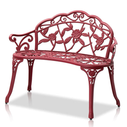 38.5" Outdoor Metal Rose Bench, 2-Person Cast Iron Cast Aluminum Frame Antique Finish
