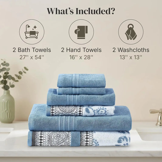 6-Piece Jacquard Towel Set: 2 Bath, 2 Hand, 2 Washcloths in Ophelia Blue