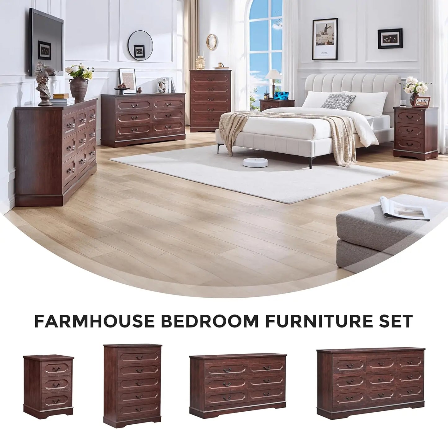 Farmhouse Cherry Wood Chest of Drawers for Bedroom Dresser, Rustic Wide Drawers Dressers