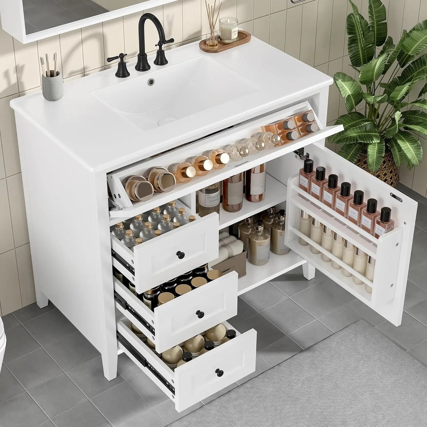 36" Free Standing Bathroom Vanity with Sink, Tip-Out Drawer & 3 Drawers & 2 Doors, Wood Cabinet with Ceramic Basin