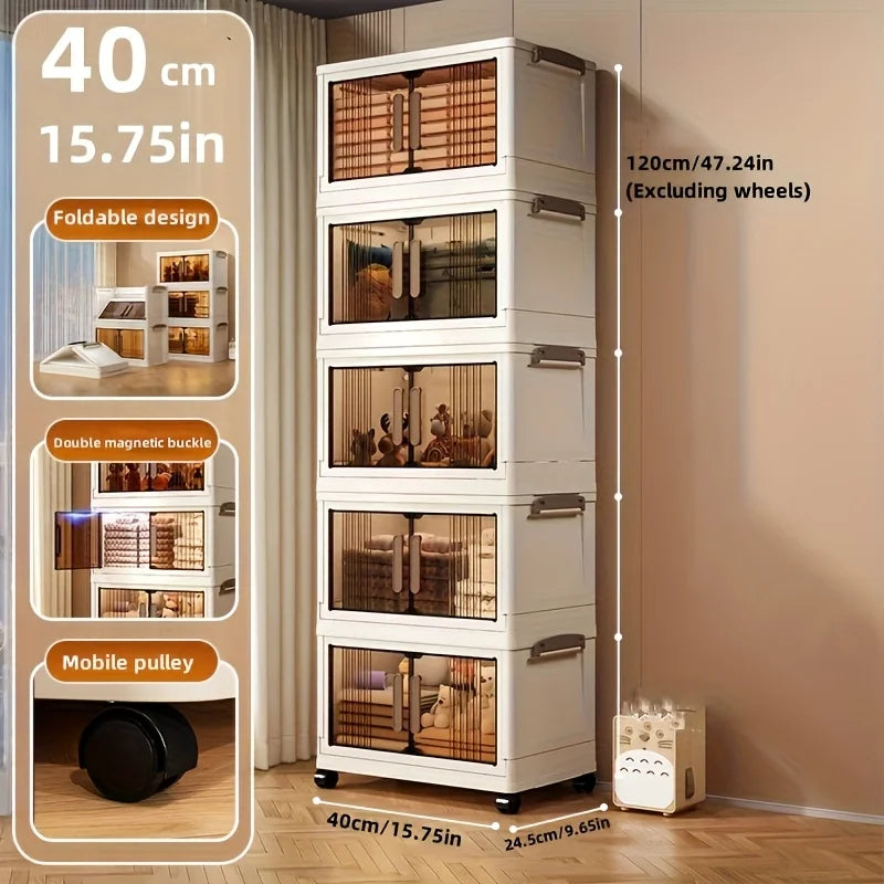 4/5-Tier Heavy-Duty Plastic Folding Storage Cabinet with Lid - Foldable & Stackable Shelving Unit, Wheeled Container