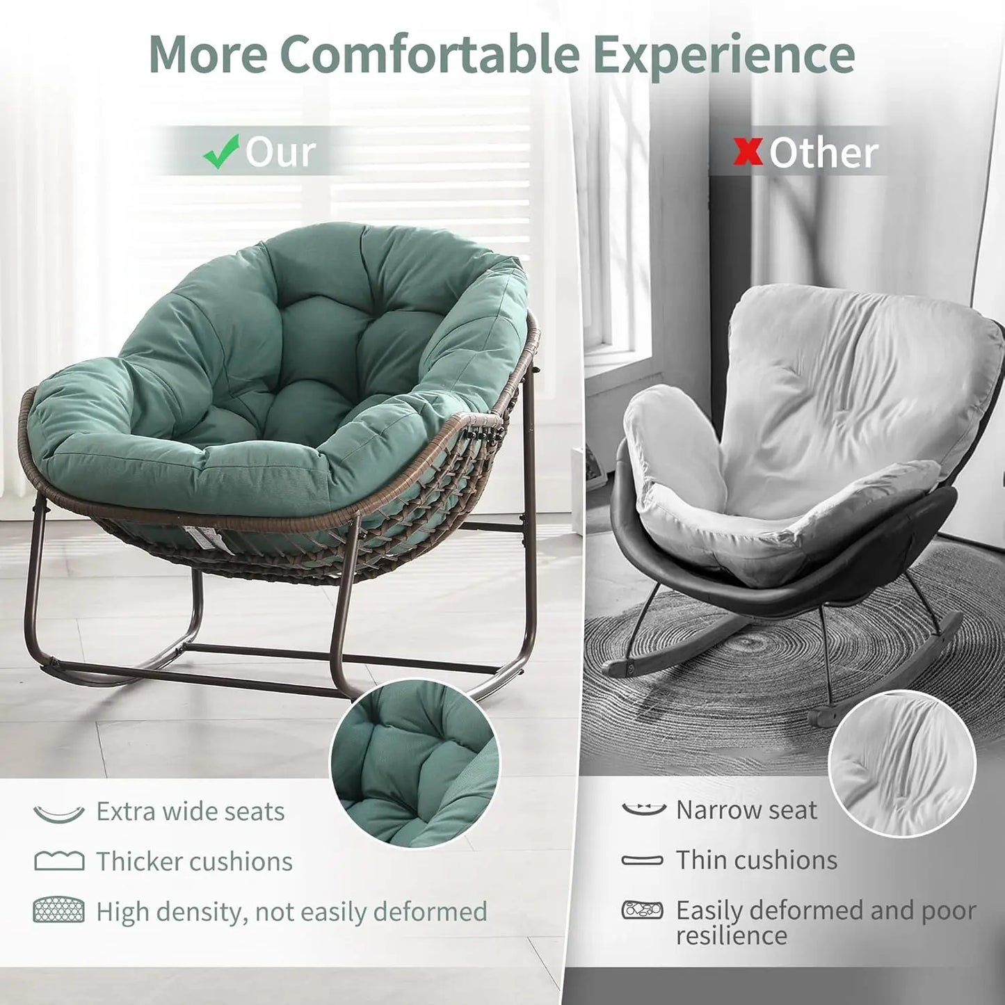 Oversized Papasan Rocking Chair Outdoor Indoor Padded Cushion Rocker Egg for Patio Porch Garden Backyard, Customized
