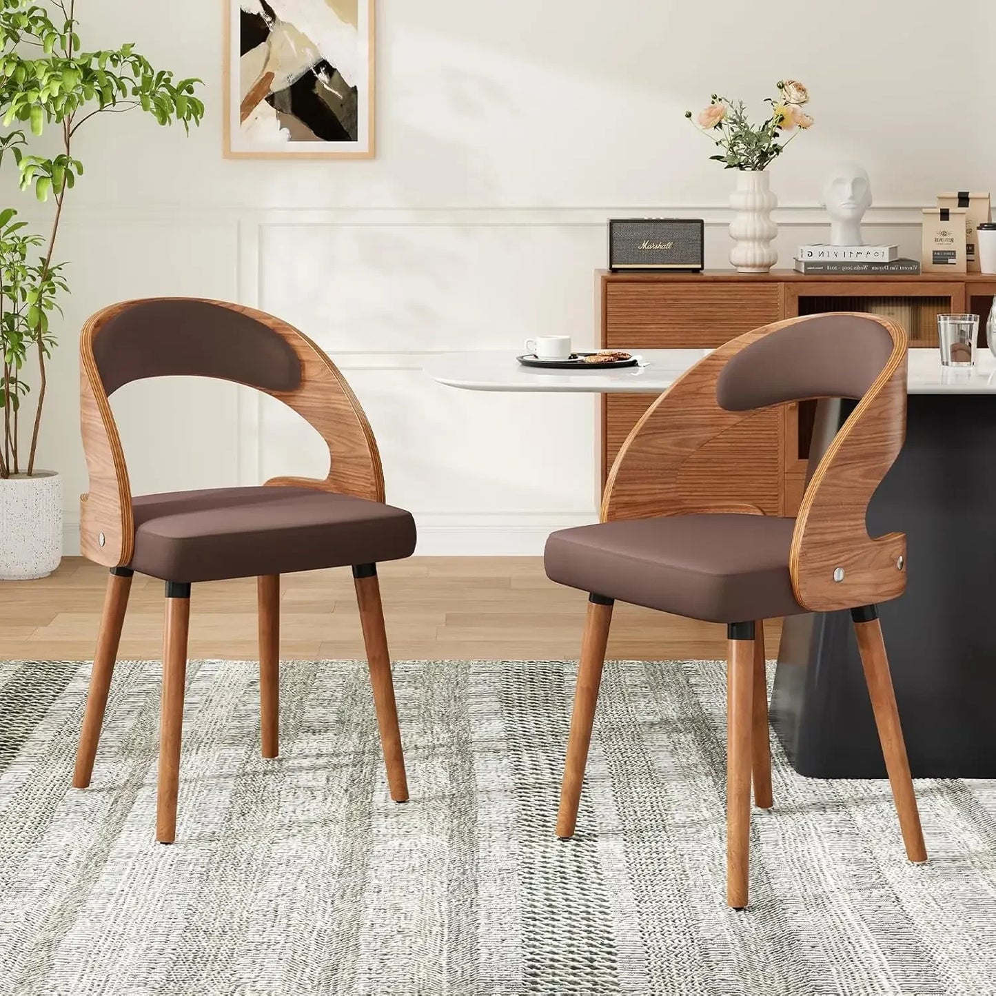 Modern Wood Dining Chairs Set of 4 Upholstered with Curved Backrest for Kitchen Dining Room Living Room