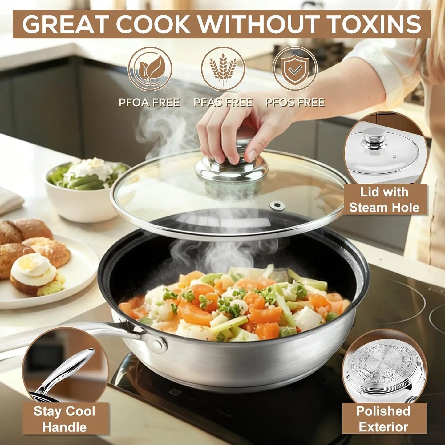 15-Piece Stainless Steel Cookware Set - Nonstick Pots & Pans with Lids, Induction Safe, Oven Compatible