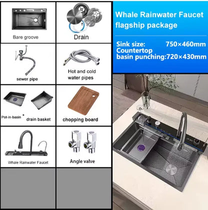 Digital fly rain waterfall sink embossed stainless steel large single sink kitchen black washbasin