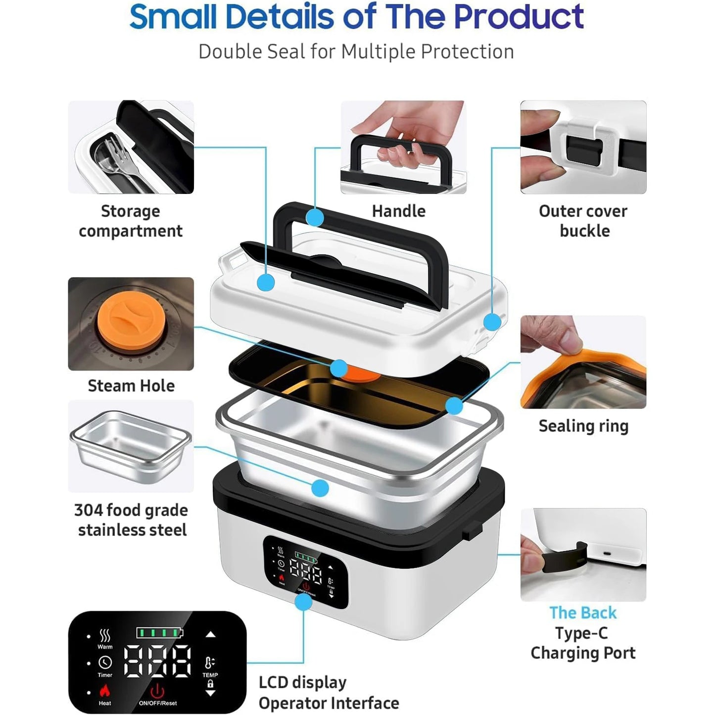 Automatic Heating Lunch Box, 1L Portable Food Warmer with Fork and Spoon and Insulated Carrying Bag
